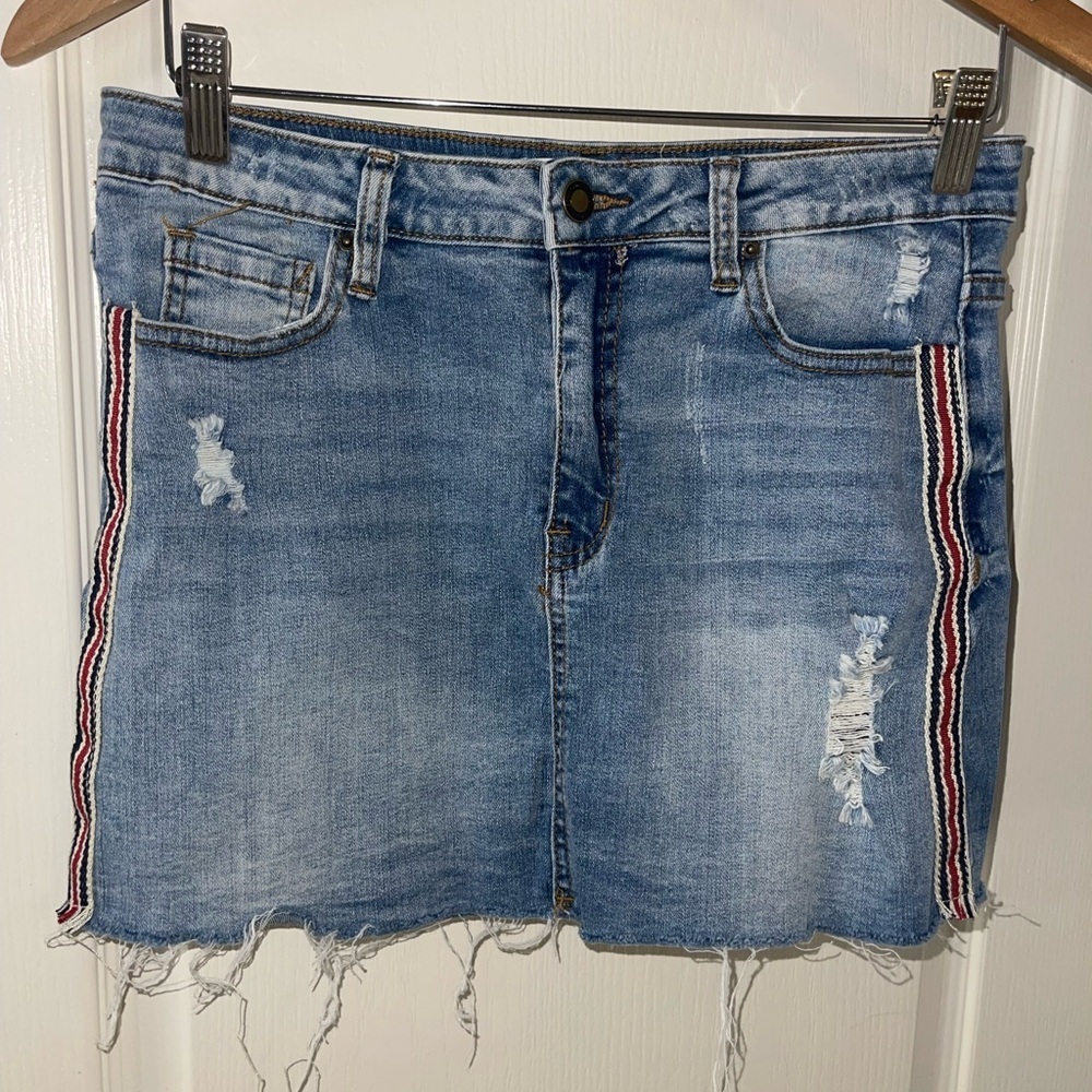 Y2K Angel Kiss Distressed Denim Mini Skirt with Red Stripes